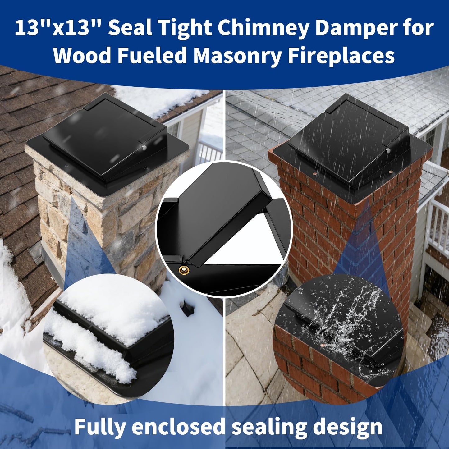 13"x13" Top Mount Chimney Damper with Hand Crank Controller, Thickened Galvanized Steel Fireplace Damper for Wood Burning Masonry Fireplaces, Fully Enclosed Sealing, Energy Efficient & Weatherproof