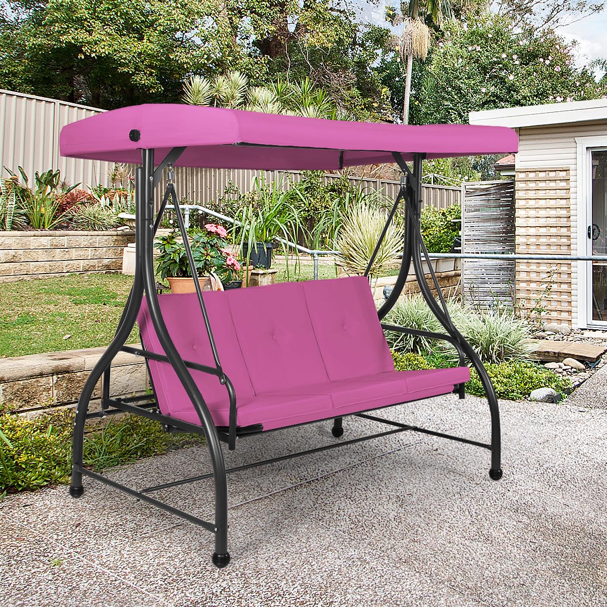 Tangkula 3 Seats Converting Patio Swing, Outdoor Porch Garden Canopy Swing with Comfortable Cushion Seats & Adjustable Tilt Canopy, Heavy Duty Hammock 3 Persons Porch Swing (Rose Red)