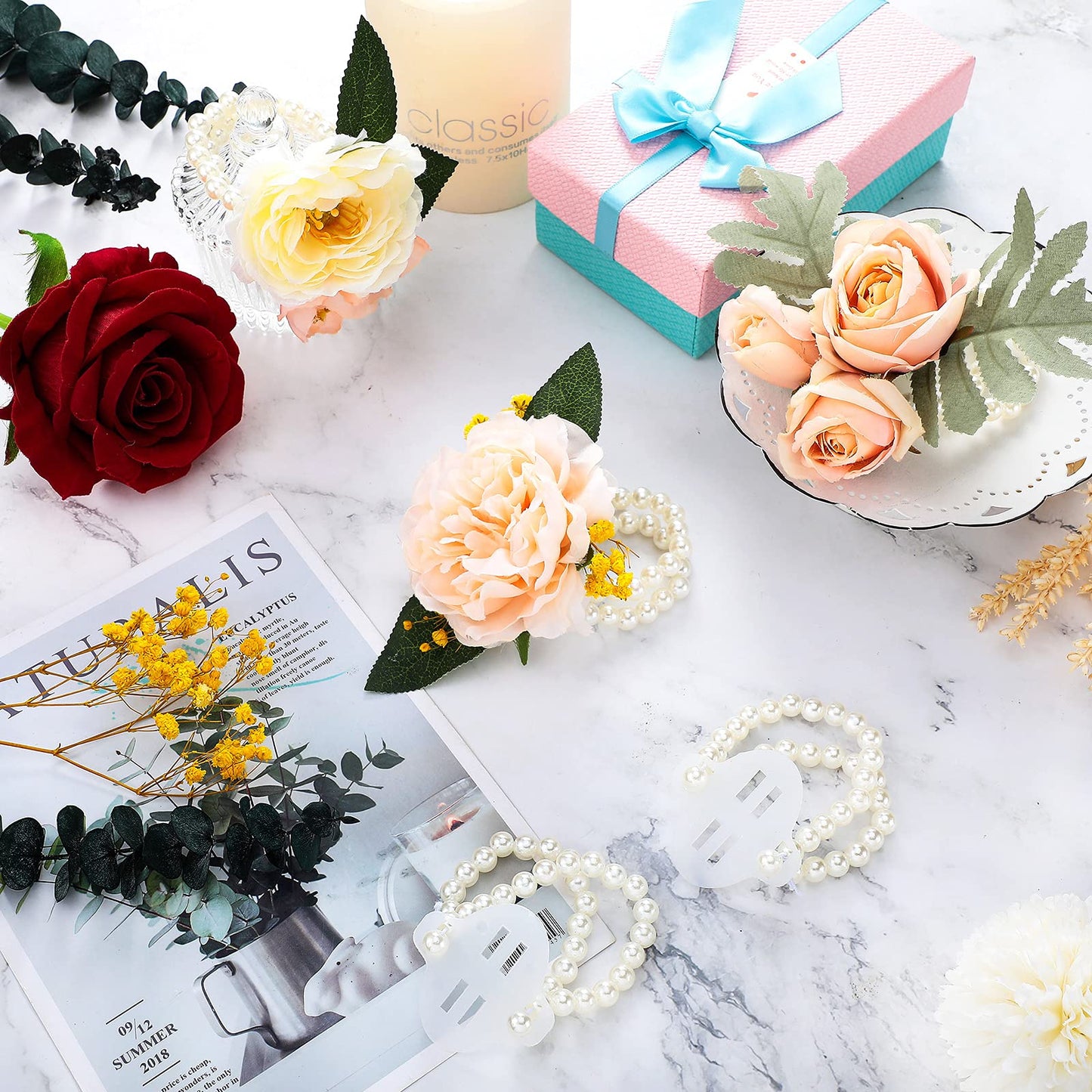 Hicarer 18 Pcs Floral Boutonniere Magnets Corsage Brooches Sets Include Corsage Wristlet Bands Flower Magnets Green Floral Wrapping Tapes for DIY Flower Pins Buttonhole Making Accessories
