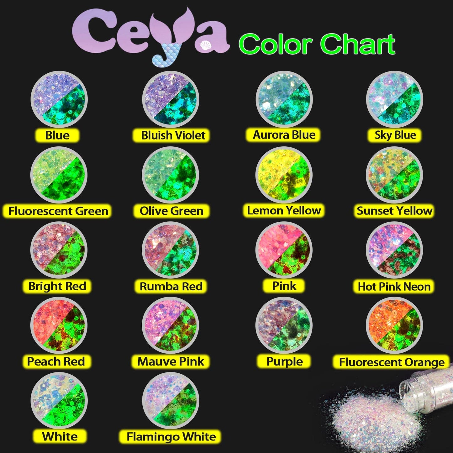 Ceya Glow in The Dark Glitter, 3.3oz/ 95g White Luminous Chunky Glitter Mix Fine Powder Flakes Fluorescent Nail Sequins for Epoxy Resin, Tumblers, Halloween Party, Festival Decor