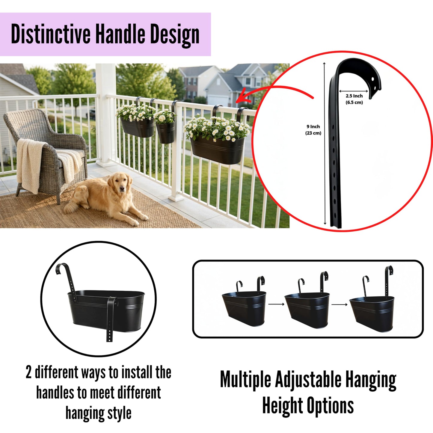 LaLaGreen 17 Inch Rail Planter (9-PIECE COMBO SET) Large Black Metal Hanging Rail Fence Flower Pots, Modern Balcony Railing Planter Garden Style Iron Patio Planters Outdoor Deck Decoration Porch Decor