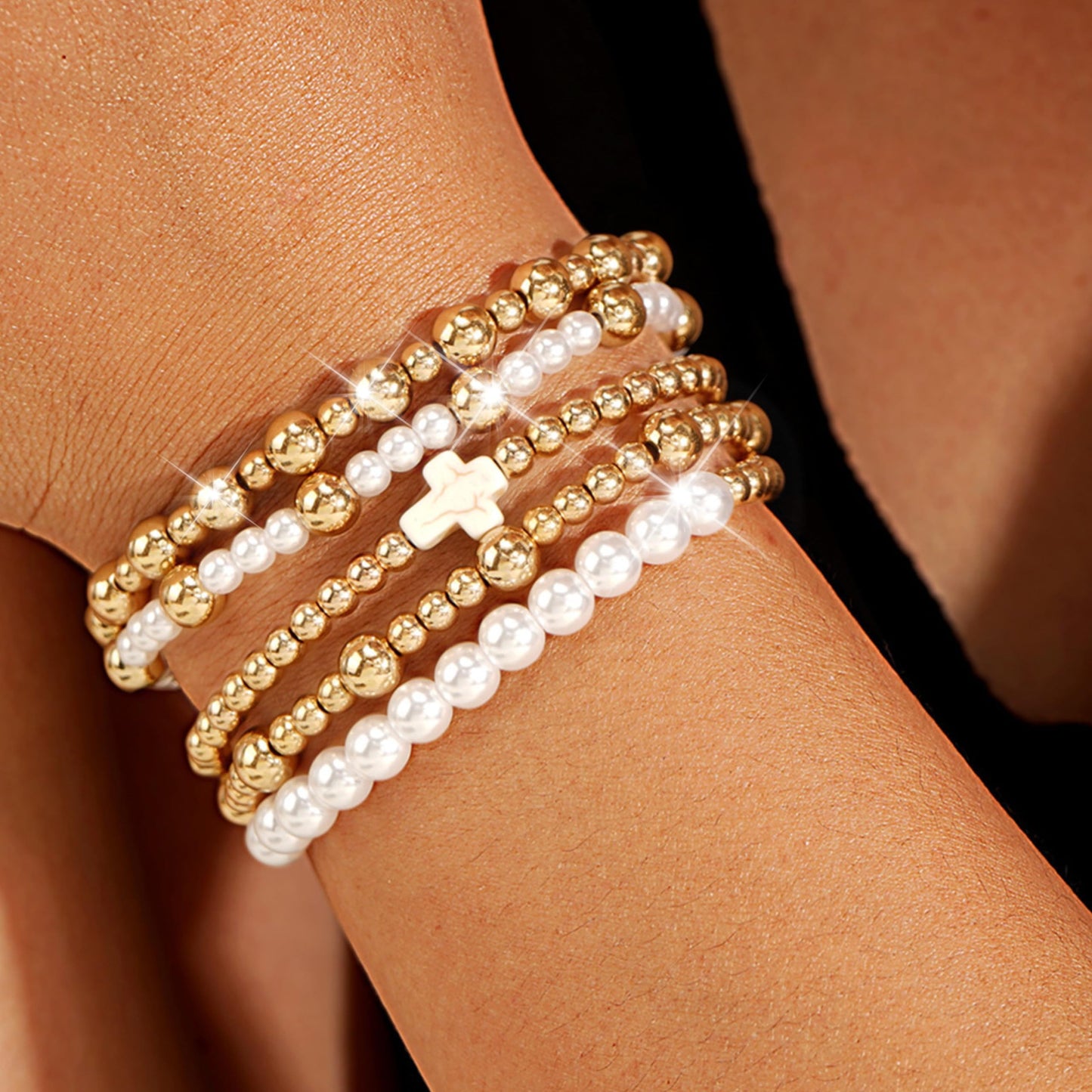 Harry and Henry Gold Beaded Bracelets for Women Gold Pearl Elegant Stackable Bracelets Set Trendy Jewelry Gifts Birthday Valentines Day Gifts for Women