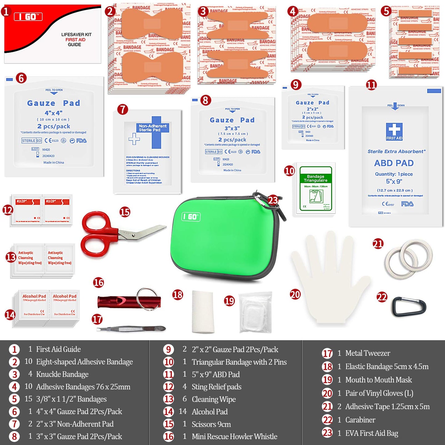 I GO 85 Pieces Hard Shell Mini Compact First Aid Kit, Small Personal Emergency Survival Kit for Travel Hiking Camping Backpacking Hunting Marine Car, Green