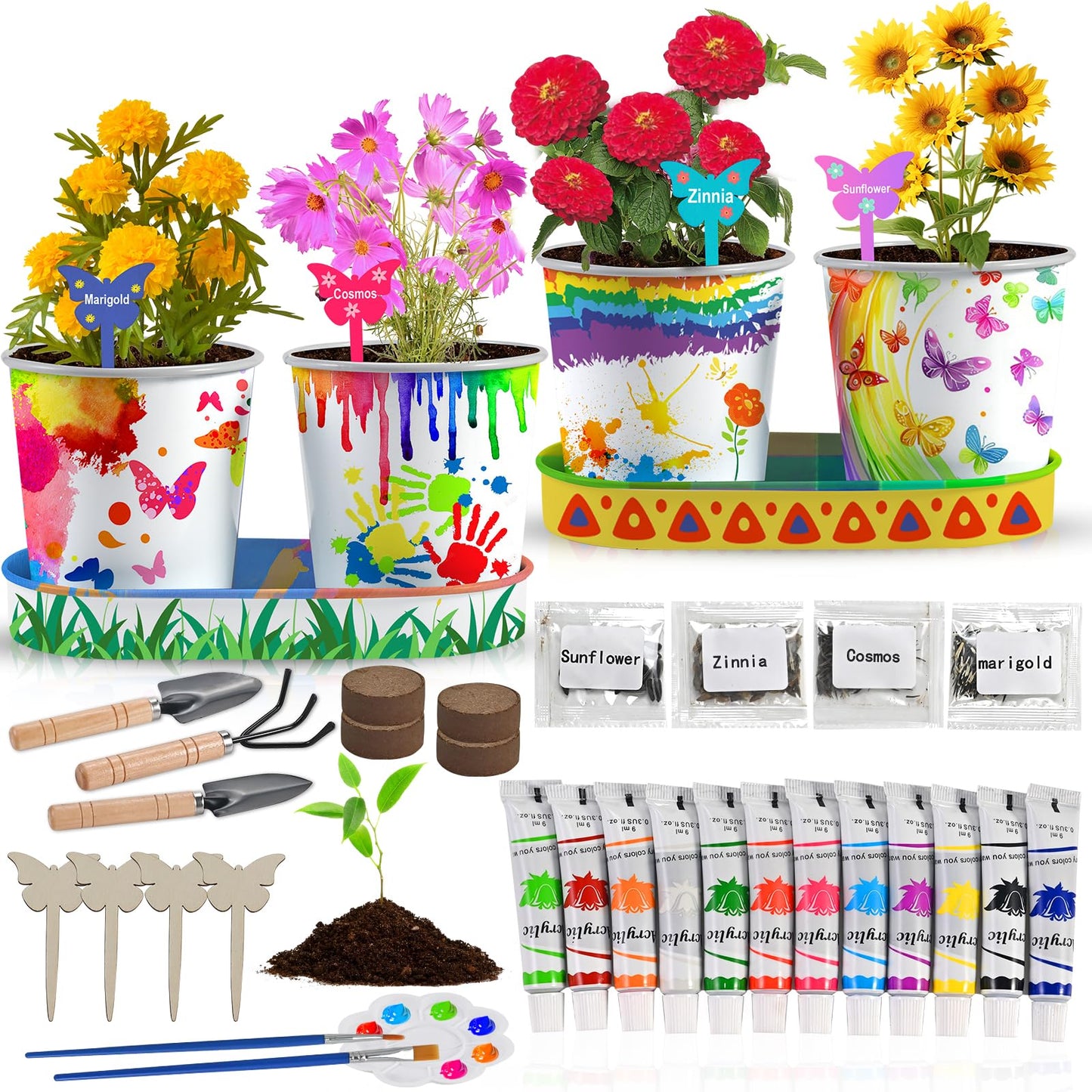 4 Pcs Kids Plant Growing Kit | Kids Gardening Set Crafts for Girls 8-12 | Kid Crafts Ages 4-8, Flower Making Art Kit for Kid 6-9, Plant Growing Set with 4 Zinc Pots, 12 Colors 9ml Paints Girl Gift
