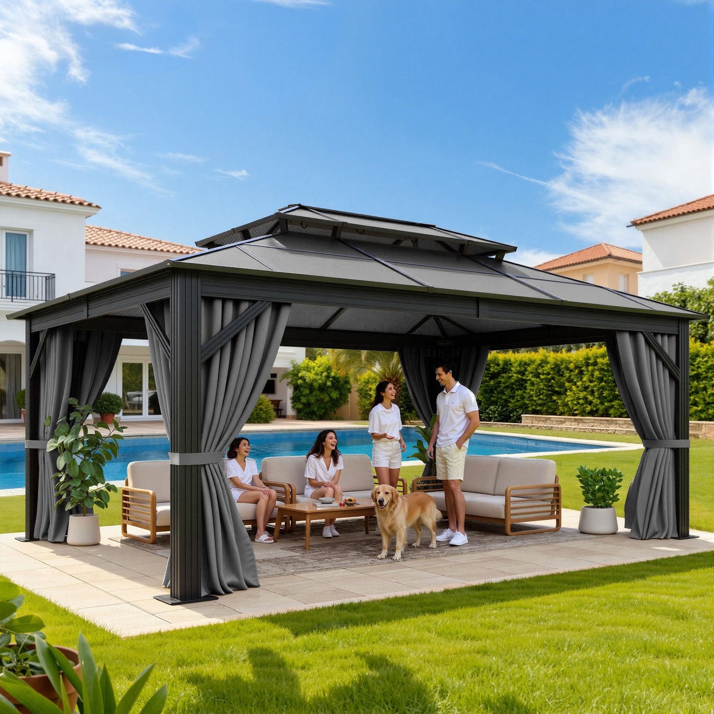 YITAHOME 12x16FT Polycarbonate Gazebo Double Roof Canopy Outdoor with Netting and Shaded Curtains, Aluminum Frame Polycarbonate Hardtop Garden Tent for Patio, Backyard, Deck and Lawns, Grey