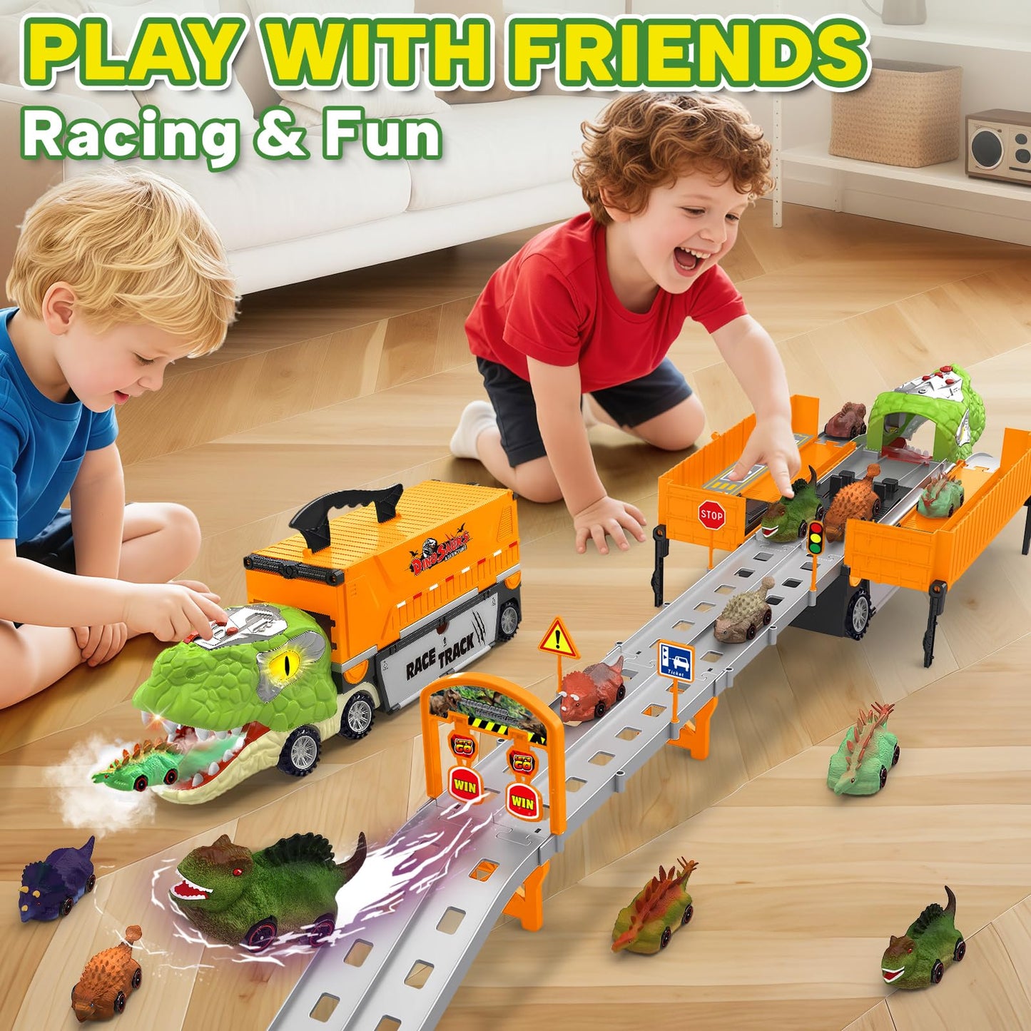 Dinosaur Carrier Truck Race Track Toys for Kids 3-5, Large Toy Cars Track Set with 8 Small Dinosaur Cars, T-Rex Transport Carrier, Christmas Birthday Gifts for 3 4 5 6 7 Year Old Toddler Boys Girls