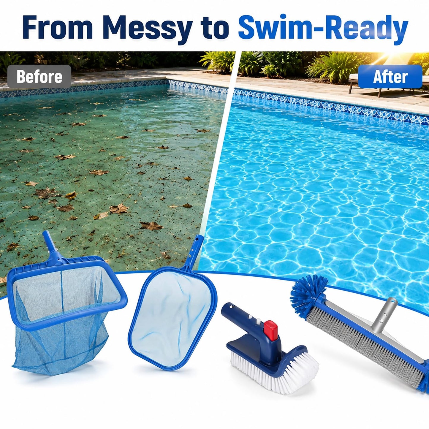 Ahomdoo Pool Cleaning Kit Professional Heavy Duty Leaf Skimmer Net, Deep Bag Rake & Wall Scrubber Brush, 4-Piece Pool Cleaning Equipment Set for Above Ground & Inground Pools (Pole Not Included)