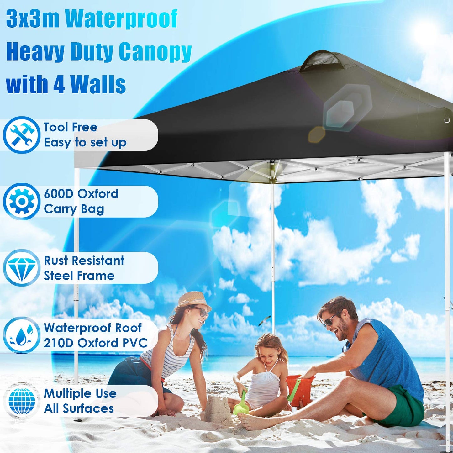 COBIZI Canopy 10x10 Pop Up Canopy Tent with 4 Sidewalls, One Push Party Tents for Parties Outdoor Wedding Waterproof Gazebo Commercial Event Tent with Sandbags, Classic Black
