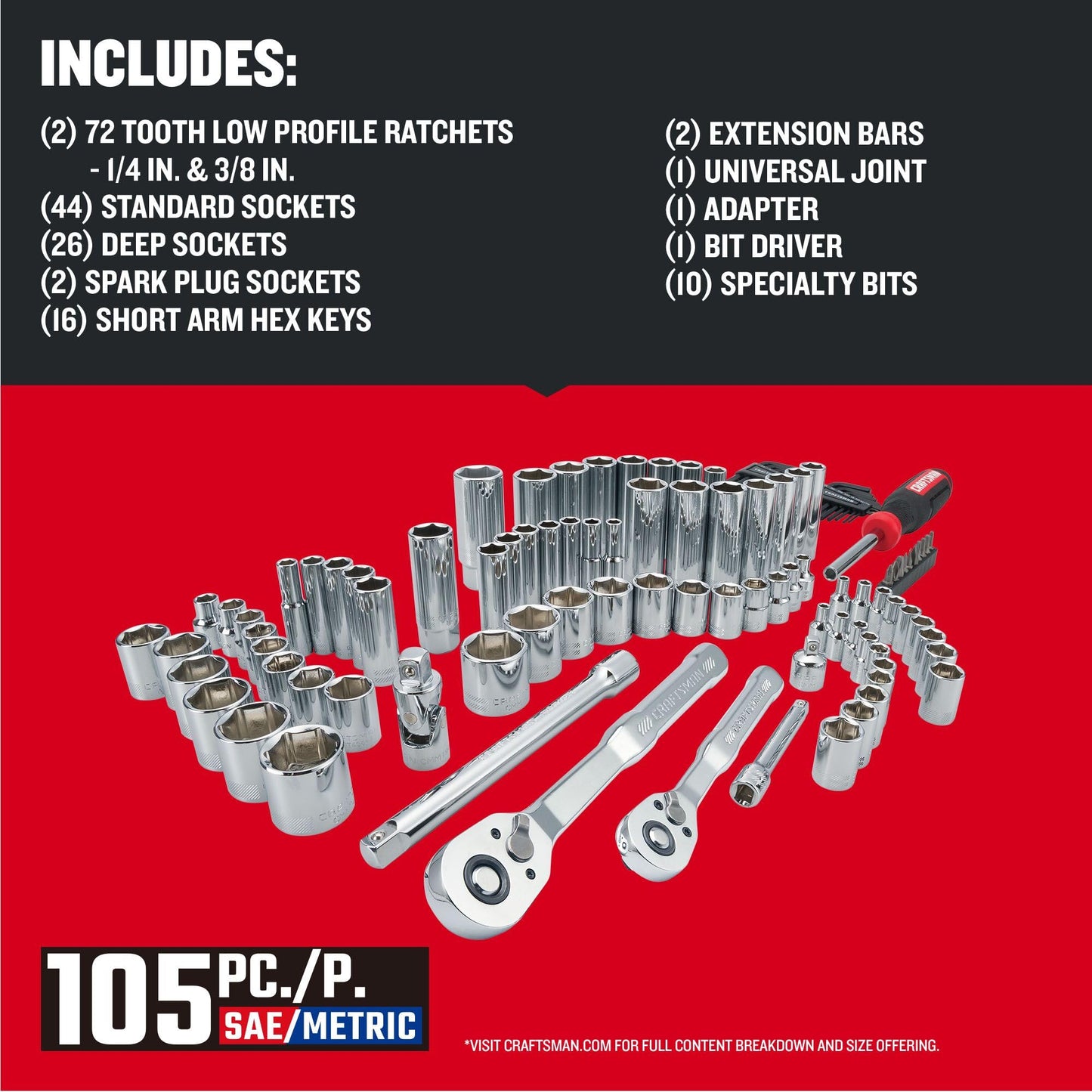 CRAFTSMAN Mechanics Tool Set 105 Pcs, Standard (SAE) and Metric with Case , 1/4 and 3/8 Inch Drive Car Tool Kit( CMMT12123)