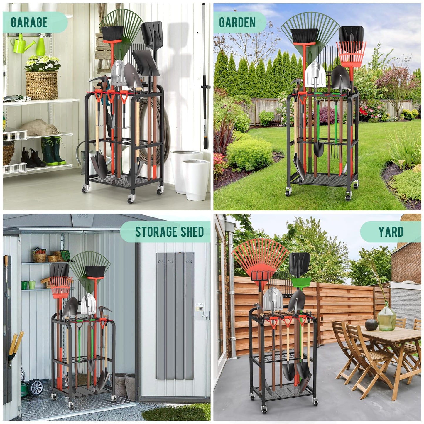 Trieez Garden Tool Organizer for Garage, Yard Tool Organizer with Wheels for Garage Organization and Storage - Sturdy Yard Tool Holder Tool Rack, for Shed, Outdoor, Tool Stand