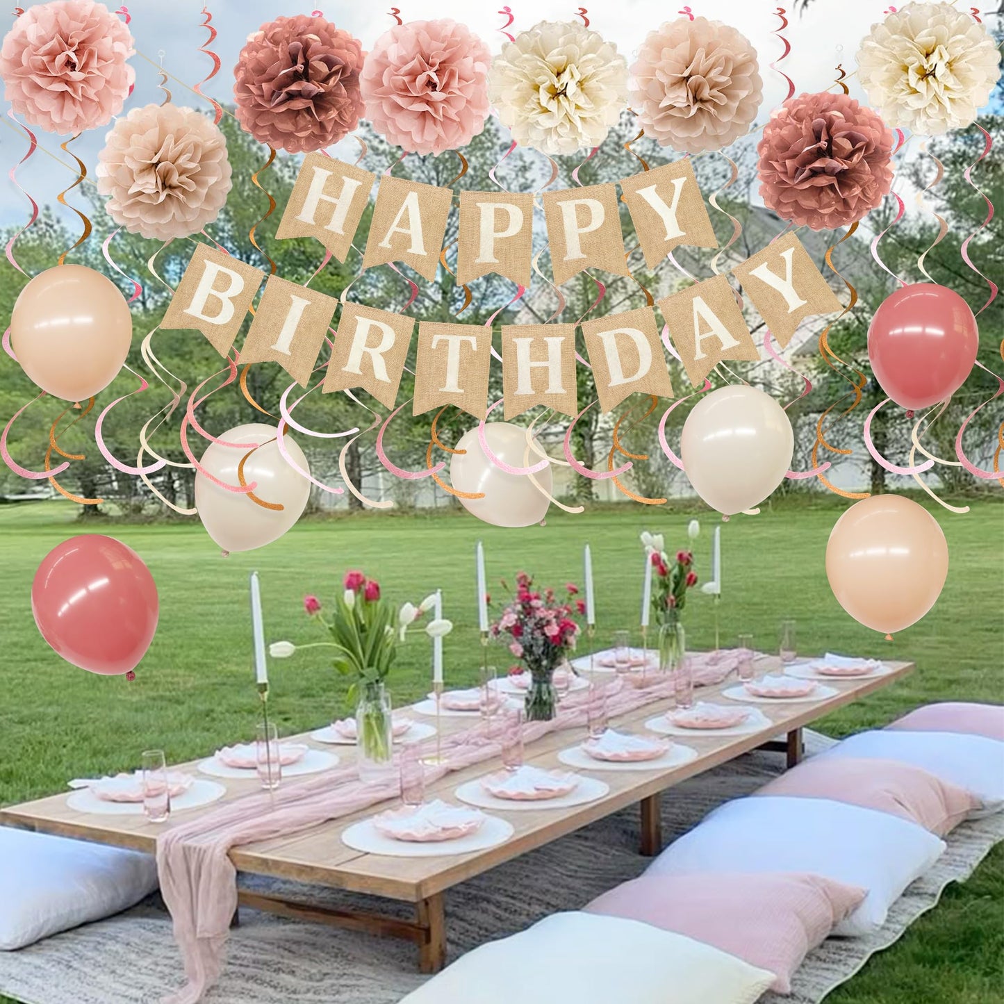 Dusty Pink Birthday Party Decorations for Women Girls Burlap Happy Birthday Banner Blush Pink Table Runner Felt Hanging Swirls Tissue Paper Pompoms Latex Balloons for Boho Happy Bday Party Decor