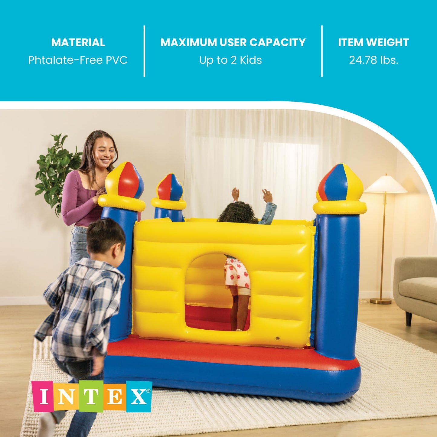 Intex Inflatable Colorful Jump-O-Lene Castle Bounce House, for 2 Kids Ages 3-6 - Large Blow-Up Indoor Outdoor Children's Bouncer Jumper Playhouse