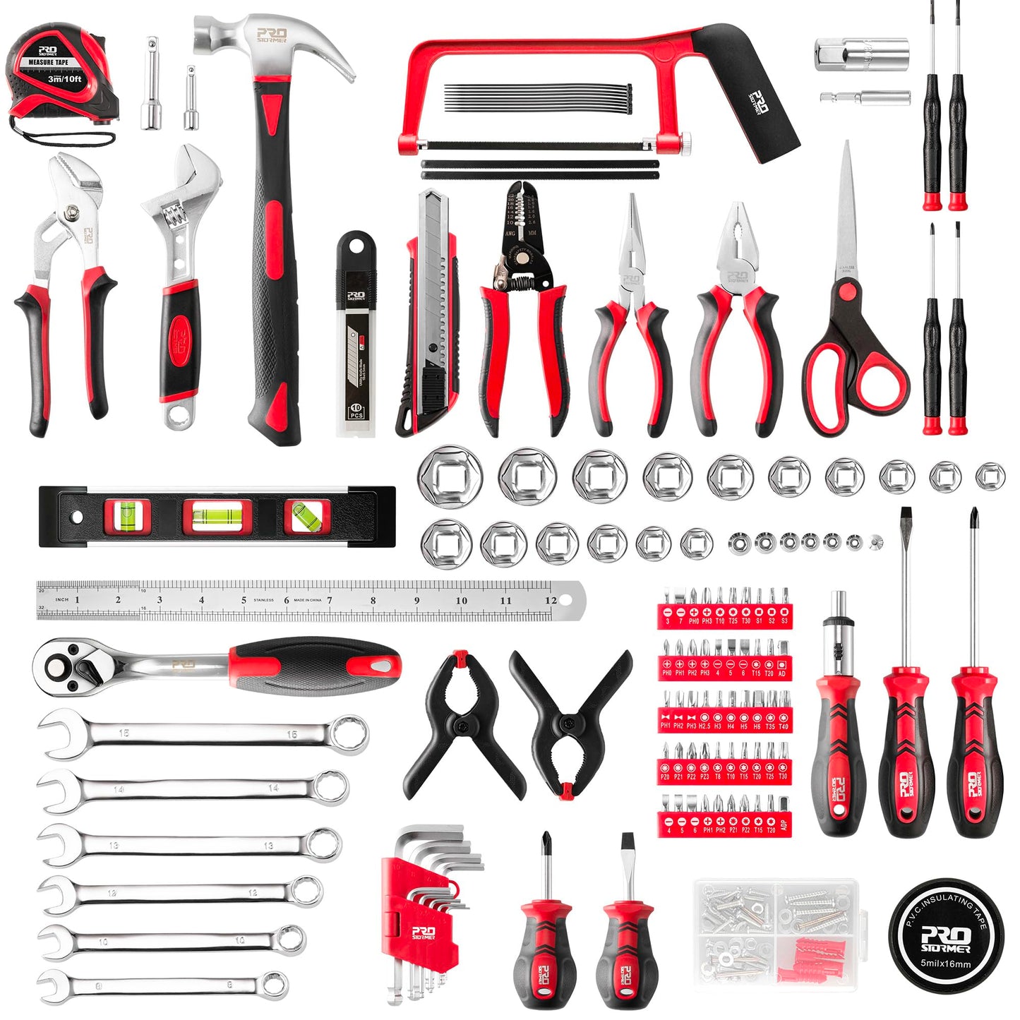 Prostormer 259-Piece Tool Kit, General Household Hand Tool Set with Plastic Storage Toolbox, Portable Complete Repair Tool Box for Home and Car (Red)