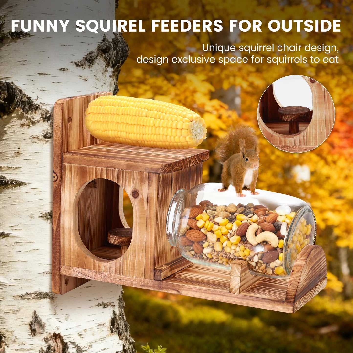 Squirrel Feeder, Wood Squirrel Feeders for Outside, Chipmunk Feeder for Corn Peanuts, Removable Storage Bottle, 1 Stable Squirrel Stools