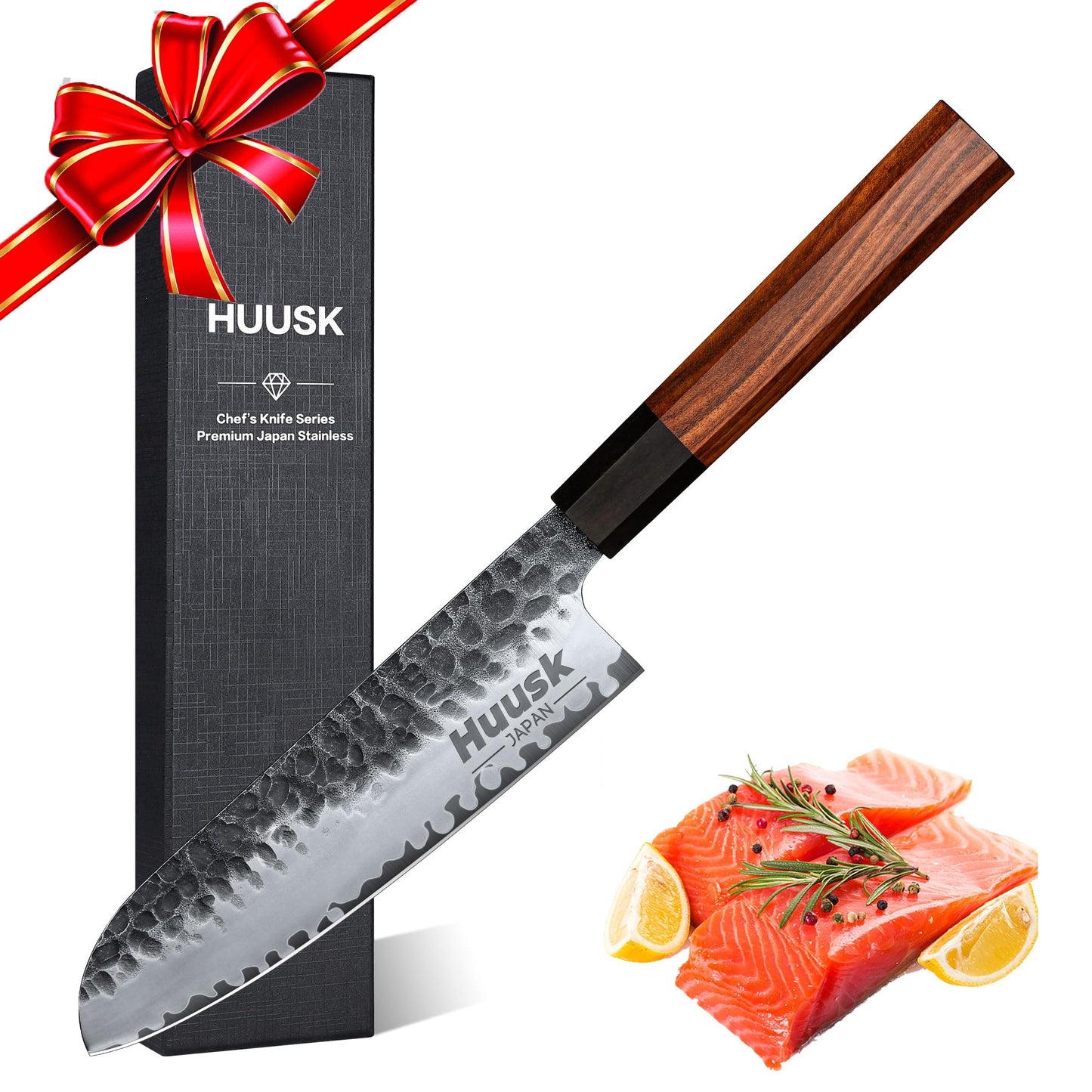 Huusk Japanese Santoku Knife - 7 Inch Kitchen Chef Knives, Hand Forged High Carbon Steel Vegetable & Meat Knife, Ergonomic Rosewood Handle with Gift Box, Multipurpose Cooking Knives