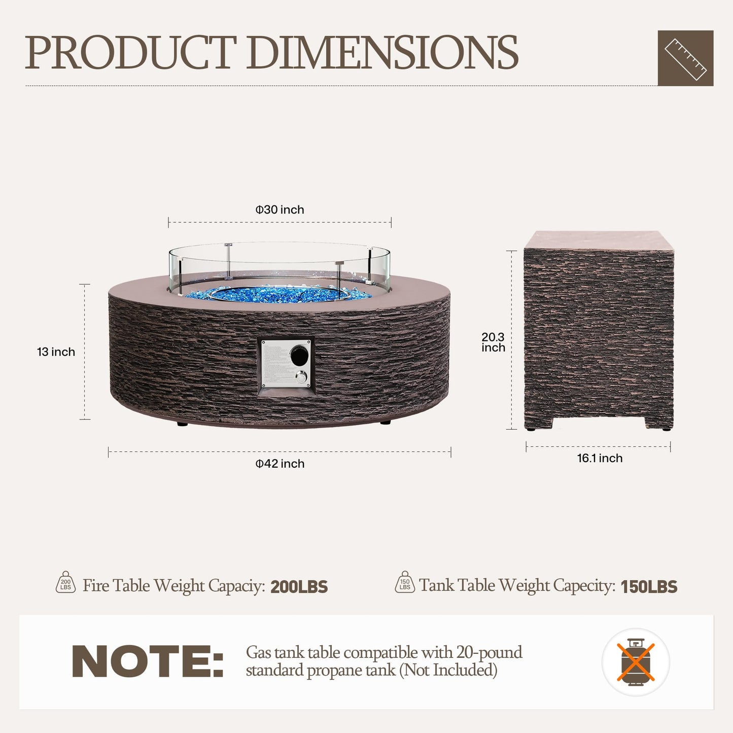 UPHA 42-inch Outdoor Propane Gas Fire Pit Table 50000 BTU Concrete Round FirePit for Outside Patio with Propane Tank Cover, Wind Guard, Blue Glass Rocks, Rain Cover, Reddish Brown