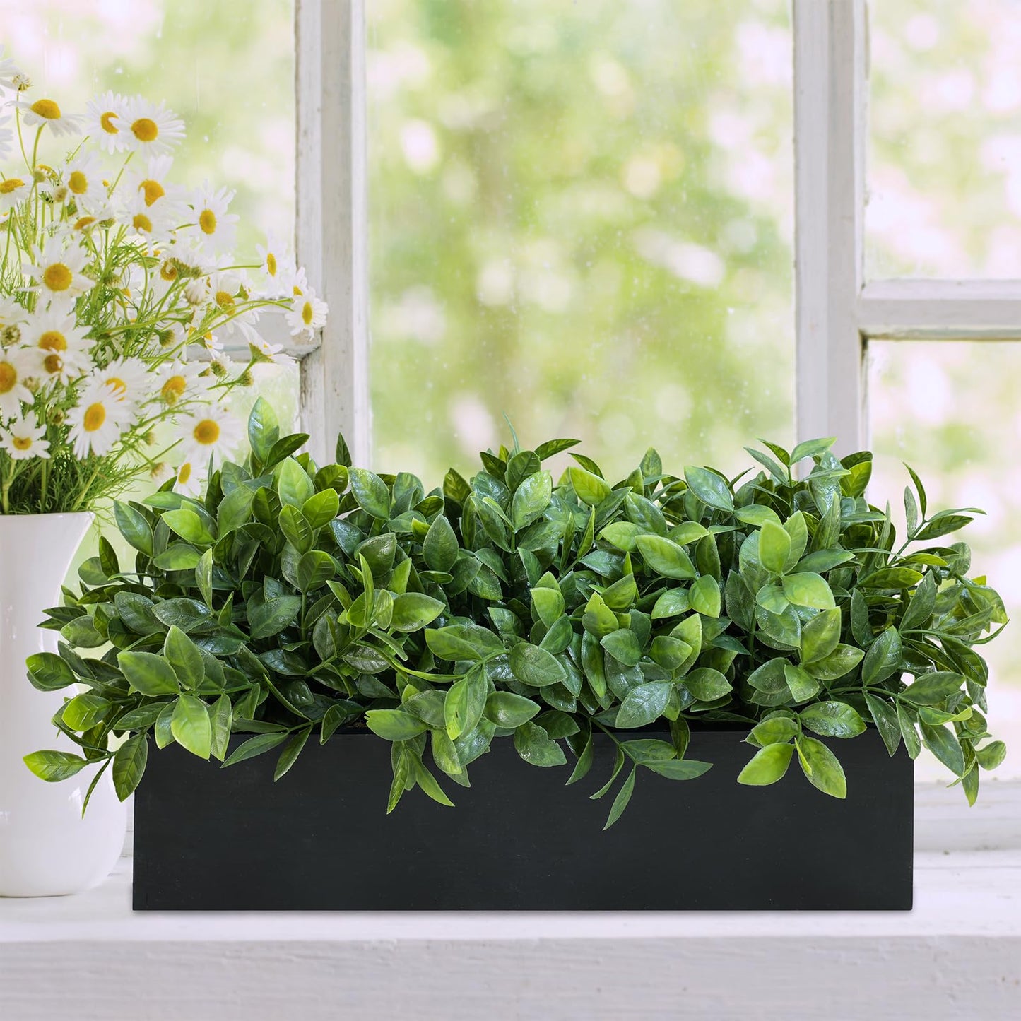 Winlyn 14" Artificial Boxwood Plant Greenery Arrangement Faux Boxwood in Black Rectangular Wooden Planter Potted Herb Plant for Farmhouse Home Decor Wedding Windowsill Mantel Shelf Table Centerpiece