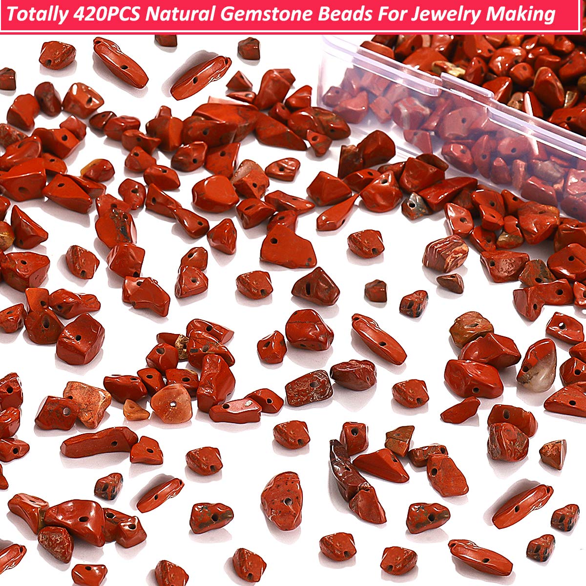 Natural Chip Stone Beads for Jewelry Making, Irregular Gemstone Loose Beads Crushed Chunked Crystal Pieces Rock Beads Hole Drilled for DIY Art Crafts (Red Jasper)