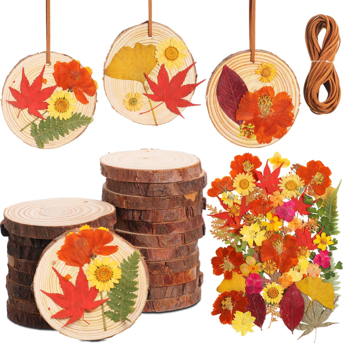 Maasechs 20 Set Spring DIY Wooden Crafts with Dried Pressed Flowers Leaves Unfinished Wood Slices Hanging Ornaments for Art Project Craft Wedding Home Decoration Gifts(Warm)