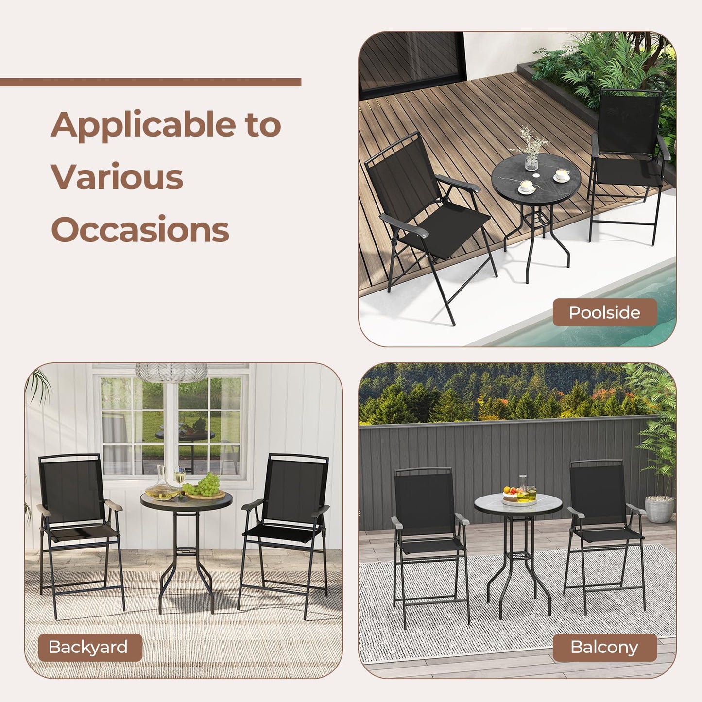 Tangkula 3-Piece Outdoor Bar Set, Counter Height Patio Bistro Furniture Set with DPC Tabletop & Umbrella Hole, Metal Frame Patio Bar Table with 2 Folding Chairs for Poolside, Backyard, Porch, Black
