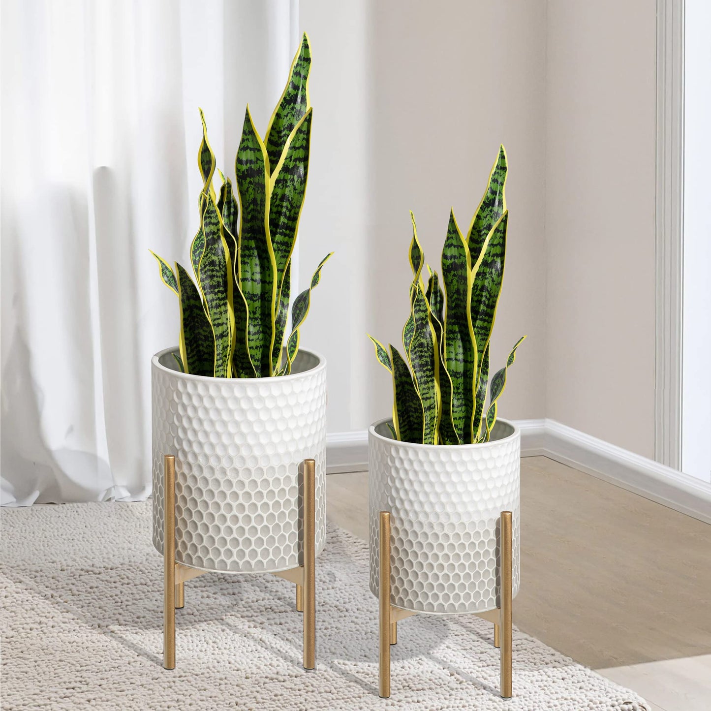 Oakrain Mid Century Planters for Indoor Plants, Set of 2, Modern Decorative Metal Planter Pots for Living Room, Office, Garden or Balcony, Gray and White Gradient Planter with Stand, 8"&10"