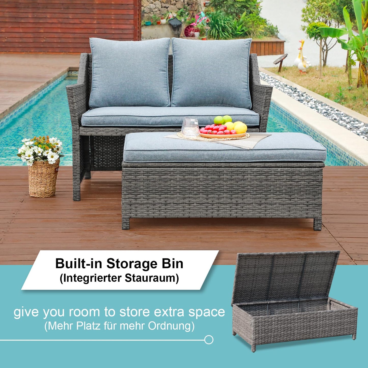 OC Orange-Casual 2-Piece Outdoor Patio Furniture Wicker Love-seat and Coffee Table Set, with Built-in Storage Bin, Grey Rattan, Grey Cushions
