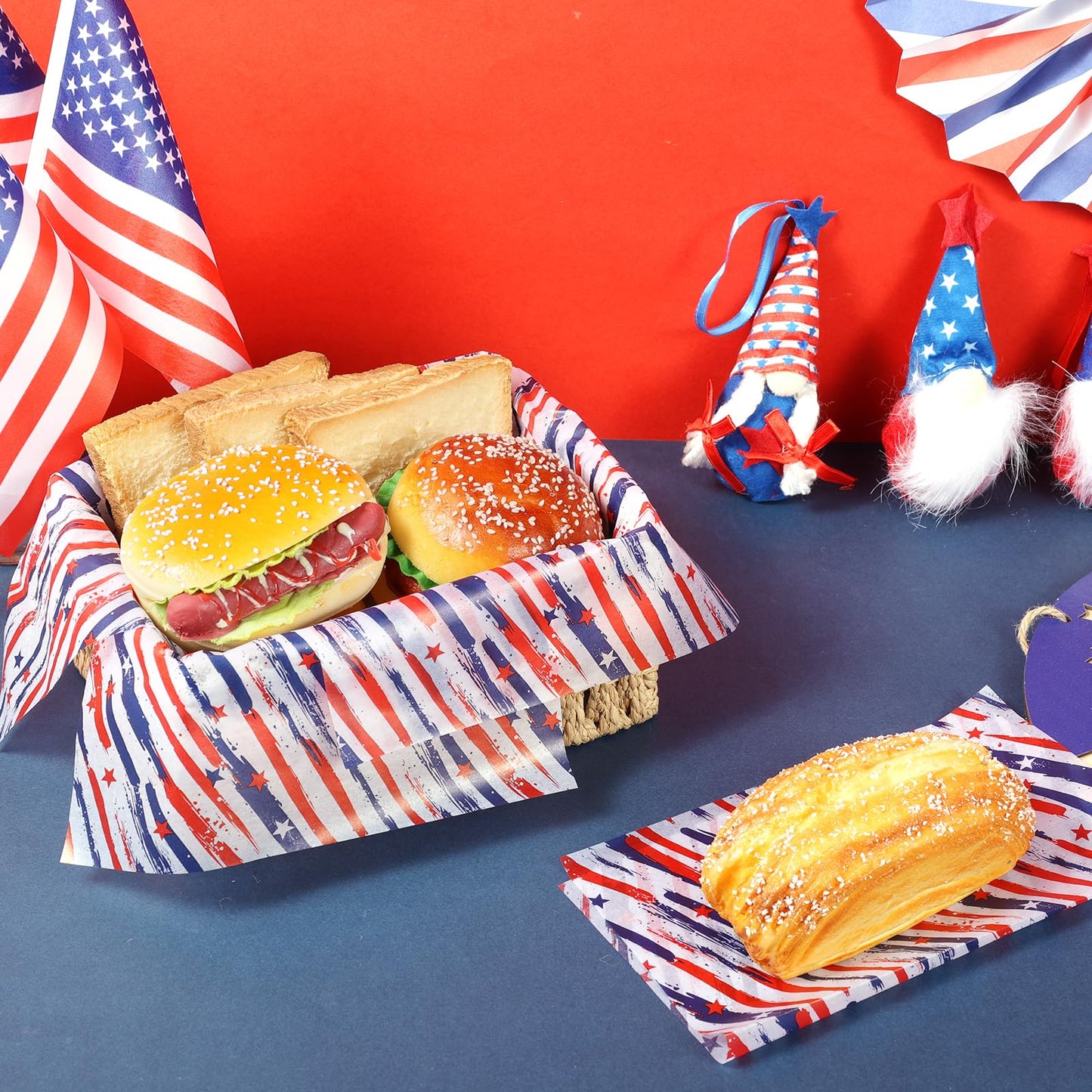 150 Sheets Patriotic Stripe & Star Wax Paper for Food Deli, 9.8 x 8.3 inch Red Blue Stars and Stripes Greaseproof Deli Sheets for 4th of July Sandwich Picnic Basket Liner Memorial Day Supplies
