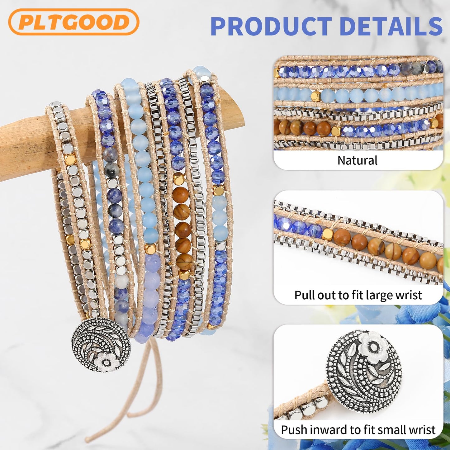 PLTGOOD Beaded Bracelets for Women Handmade Adjustable Boho Bracelets For Women Blue Natural Stone Bracelet 5 Wrap Bracelets Rope Yoga Healing Bracelet Jewelry