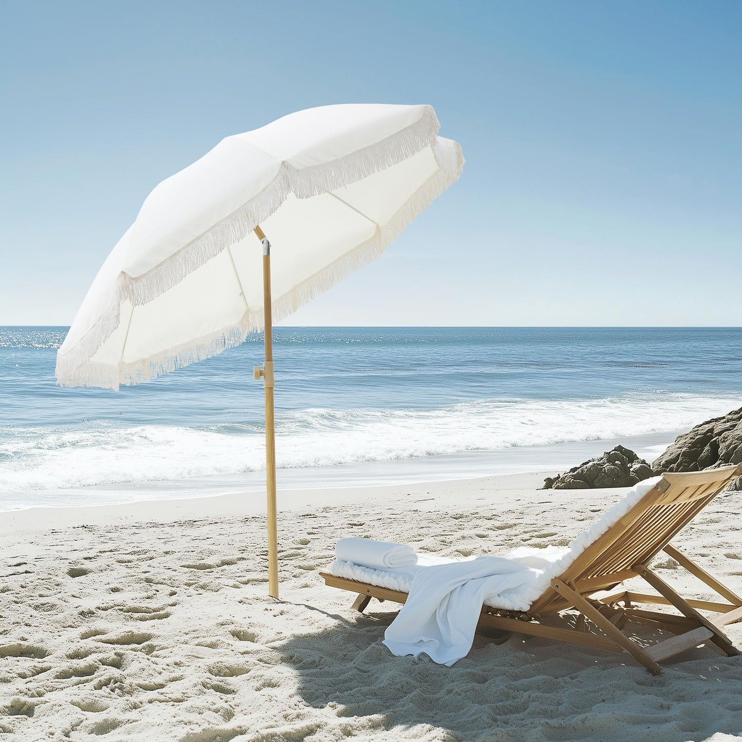 Kbrellaoutlets Patio Fringe Umbrella with UPF 50+ Protection,8 Ribs and Push Button Tilt,Outdoor Beach Umbrella For Garden, Courtyard,Pool,Outside