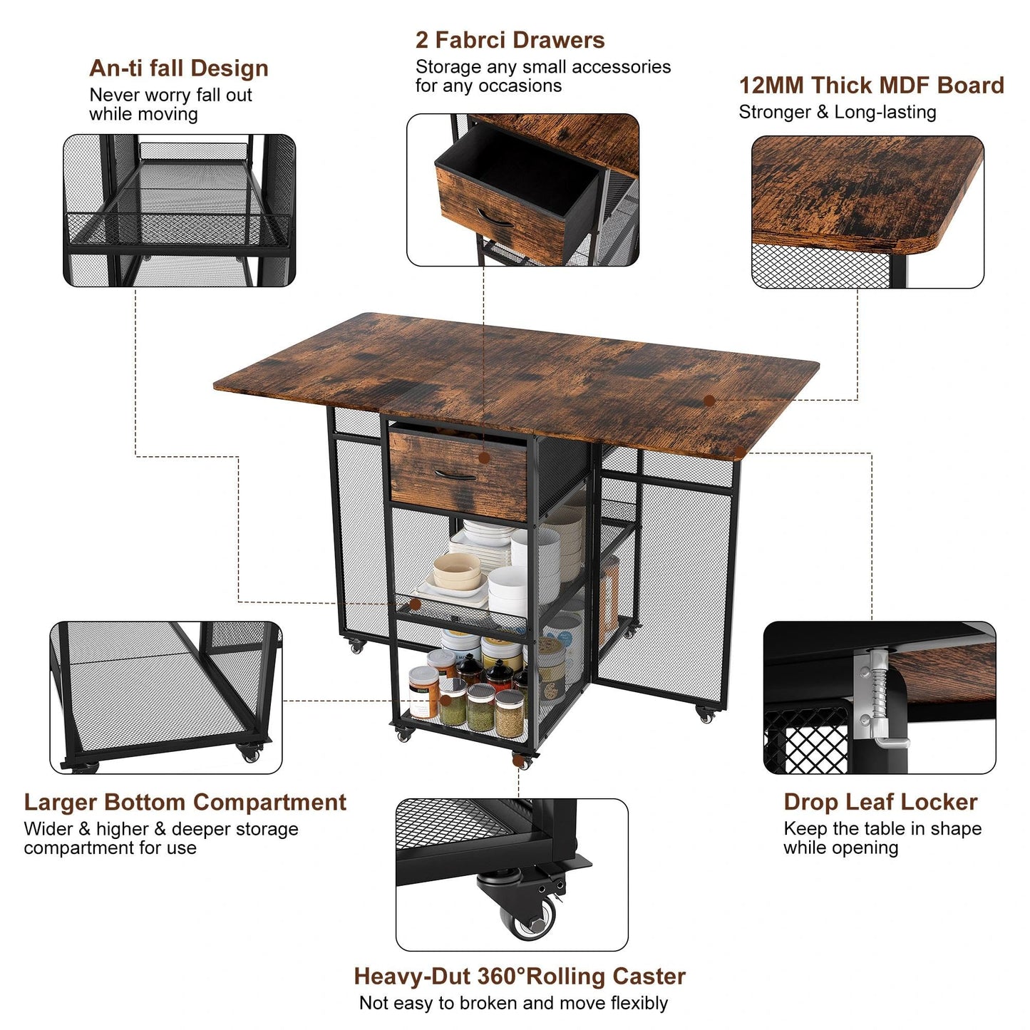TQVAI Drop Leaf Folding Dining Table 4-6 People Large Heavy Duty Foldable Kitchen Tables with 2 Drawers 6 Wheels 2-Layer Storage Shelf for Small Space Dinging Room Patio Outdoor Camping, Black/Antique