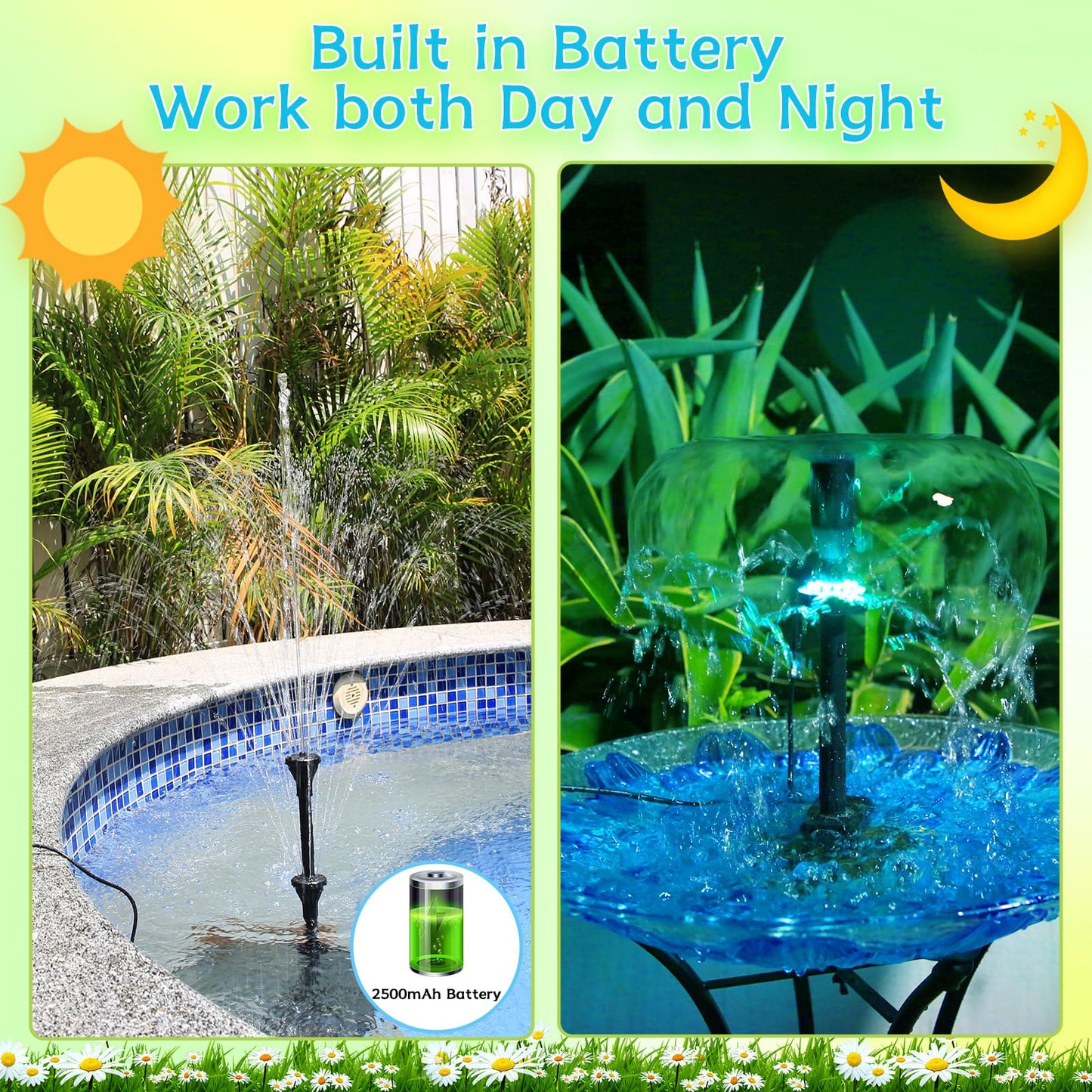 AMZtime 20W Solar Fountain Pump with 2500mAh Battery and 12 LED Lights, Solar Powered Water Pump for Bird Bath, Pond, Garden, Fish Tank, and Waterfall, Long Cord, Easy DIY Setup, 2026 Upgraded Version