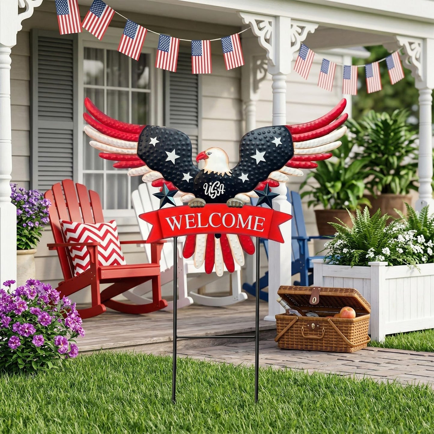 4th of July Decorations Outdoor,37" Americana Eagle Metal Decorative Garden Stakes for Memorial Day Independence Day Patriotic Garden Decor, Red White Blue 250th Anniversary Welcome Yard Signs