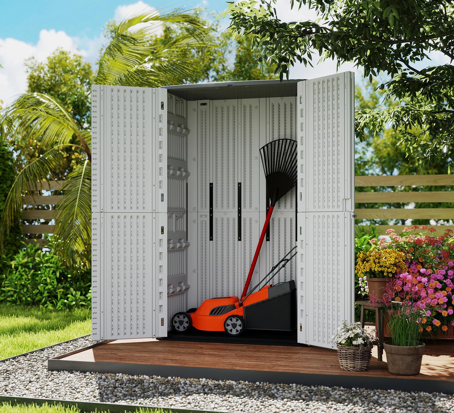 HOMSPARK Storage Shed Weather Resistance, Multi-Purpose Outdoor Storage Cabinet for Backyards and Patios, Horizontal Storage Shed for Lawnmower, Patio Accessories (White, Tall - 53 cu.ft)