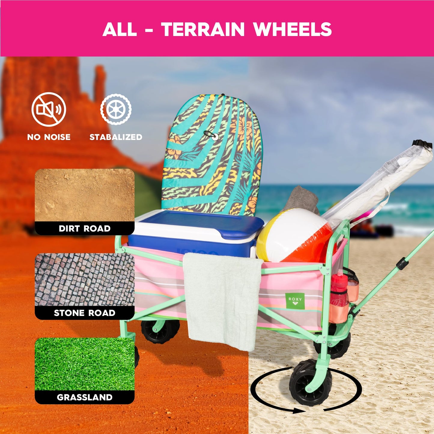 Roxy Folding Beach Wagon Cart – Heavy-Duty Collapsible Utility Wagon with All-Terrain Wheels, Large Storage Capacity, and Adjustable Handle – Ideal for Beach, Camping, and Outdoor Adventures