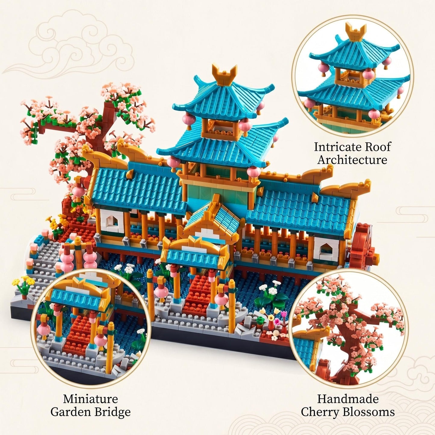 JXRLMB Chinese Classical Suzhou Gardens Micro Building Blocks Sets with Sakura Cherry Tree Challenging Construction Set for Adults, Home and Office Decoration, Gift for Age of 14+ 2350 pcs