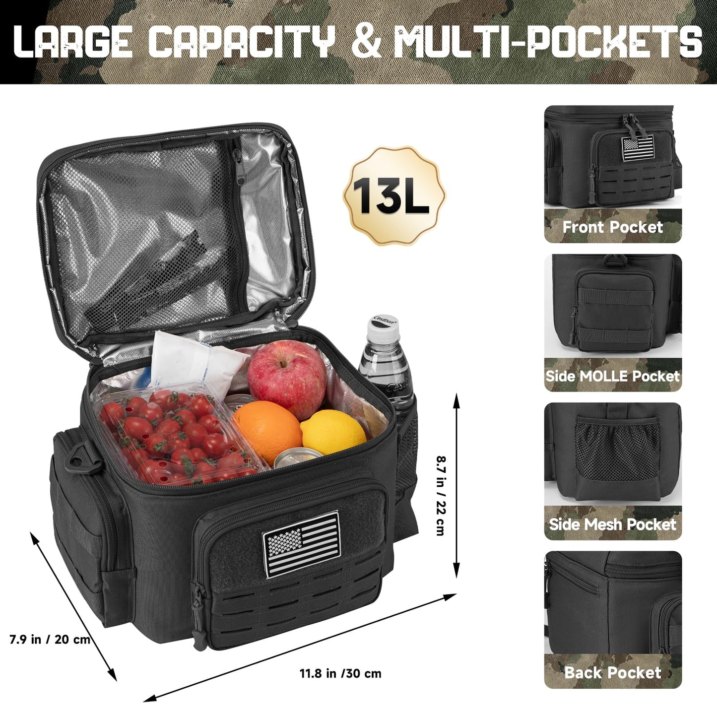 QT&QY Tactical Lunch Bag for mens Military heavy duty lunch box work Leakproof insulated Durable Thermal Cooler Bag for Adult Meal for Office Camping Picnic Pail MOLLE Webbing Black