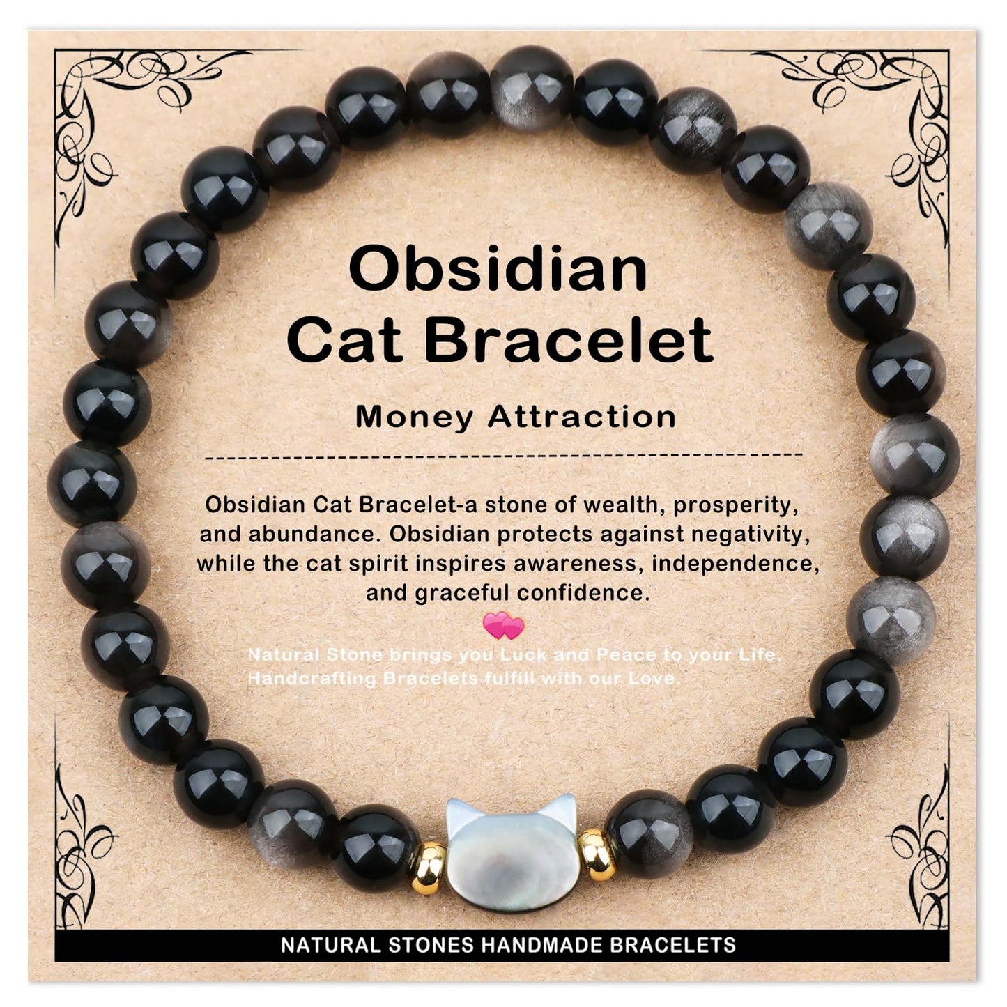 AD Beads 6mm Handmade Obsidian Cat Bracelet Elastic Bracelet – Natural Gemstone for Money Attraction – Meditation, Yoga, Healing and Energy Gift for Men Women