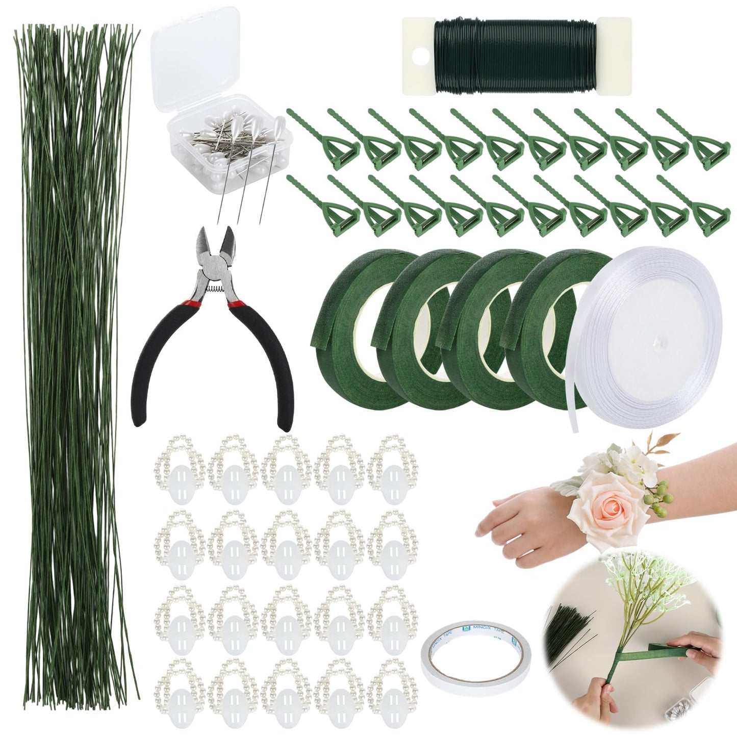 Floral Wire Arrangement Tool,DIY Bouquet Making Supplies with 5 Floral Tapes 20 Pearl Corsage Wrist Bands 20 Triangular Brooches,50 Boutonniere Pins,100 Flower Wire for Corsages Bouquet Accessories