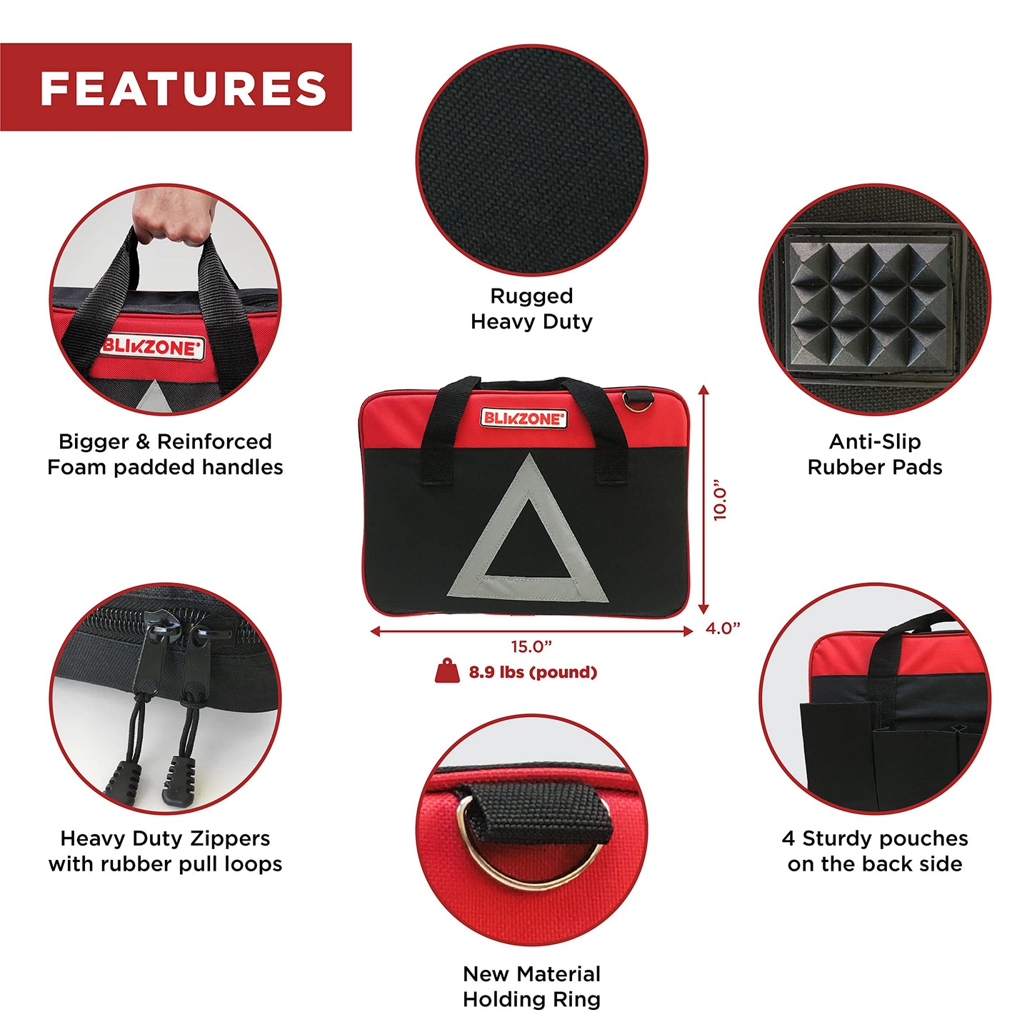 BLIKZONE Red Car Emergency Kit for Vehicles Road Trip, with All the Essentials as Flat Tire Repair, Jumper Cables, Digital Air Compressor, Multitool and All the Car Safety Accessories