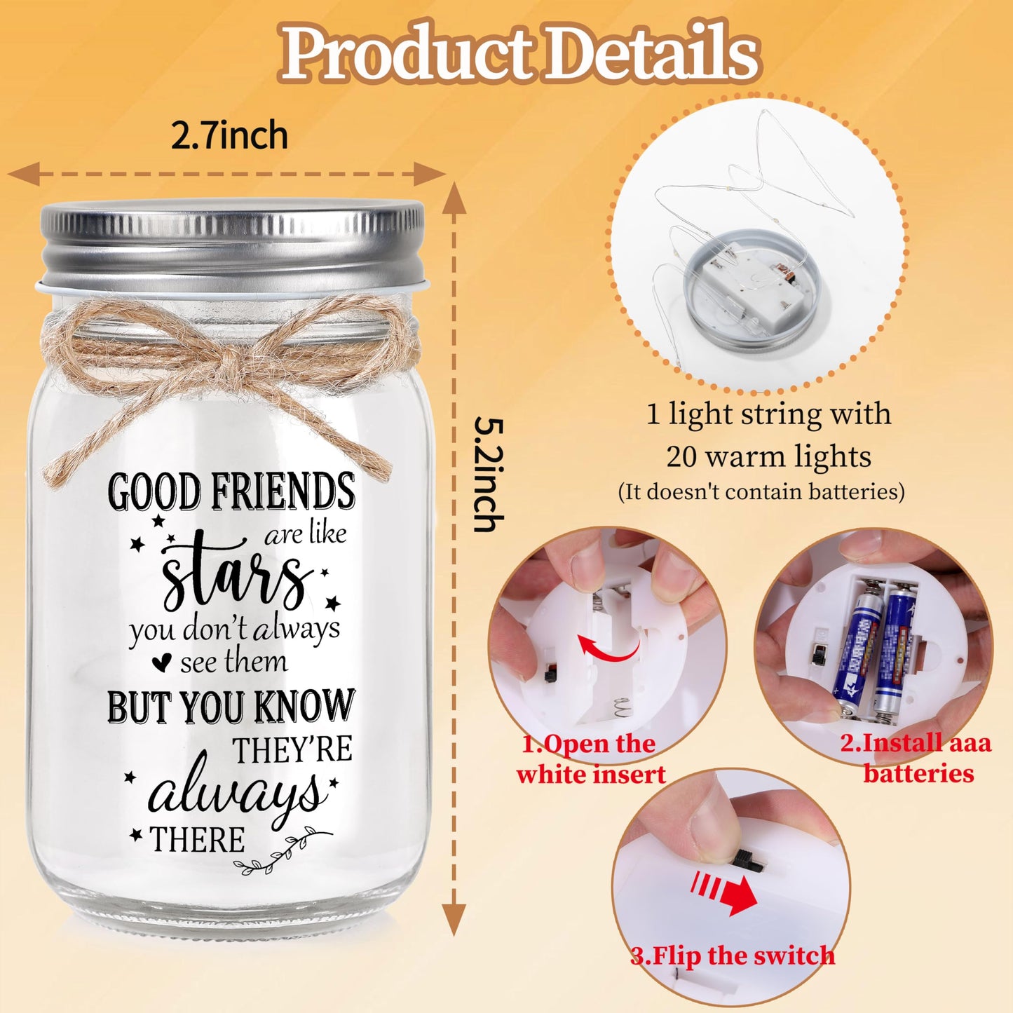 Friendship Gifts for Women, Gifts for Best Friend Woman, Best Friend Birthday Gift for Women, Gift for Friends for Valentines Day Christmas, Mason Jar Light Night Home Decor