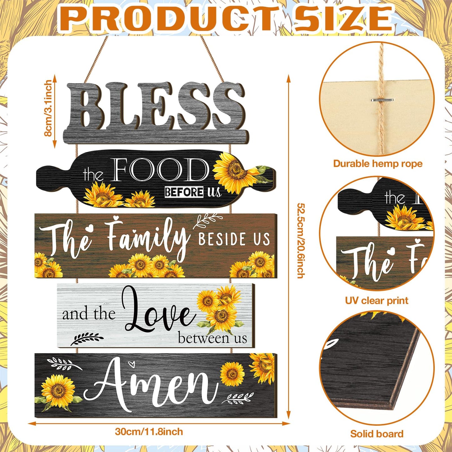Wesiti 5 Pieces Kitchen Wall Decor Bless the Food Before Us Sign Farmhouse Rustic Dining Room Wall Art Wooden Hanging Signs for Kitchen Decor Hanging Plaque for Home(Sunflower)