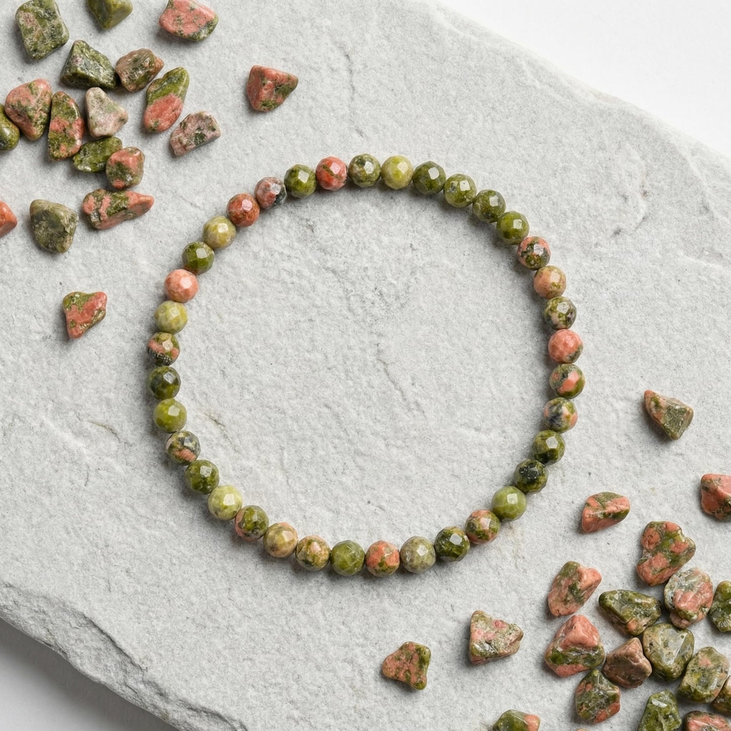 Angelstones Natural Unakite Gemstone Small Beaded Stretch Bracelet, 4mm Faceted Round Beads, Crystal Healing Bracelet for Women