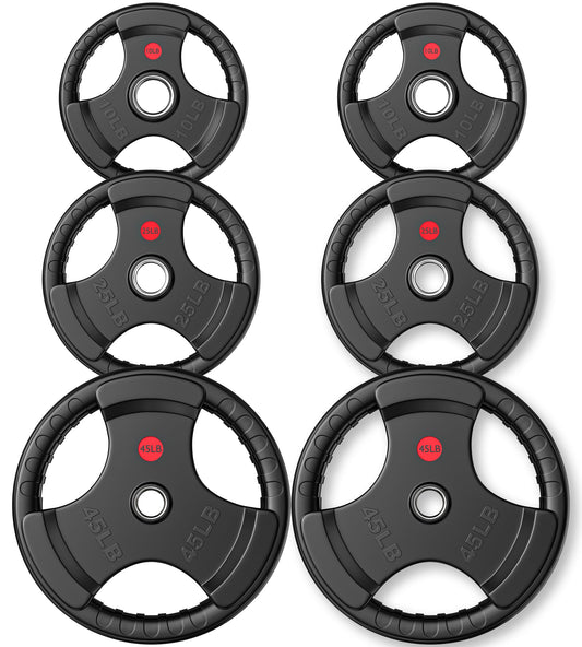 Gikpal Olympic Weight Plates, 2-Inch Three-Grip Rubber Coated Barbell Plates with Steel Hub, Cast Iron Weights for Strength Training & Home Gym, Pair or Sets (2.5–45LB)