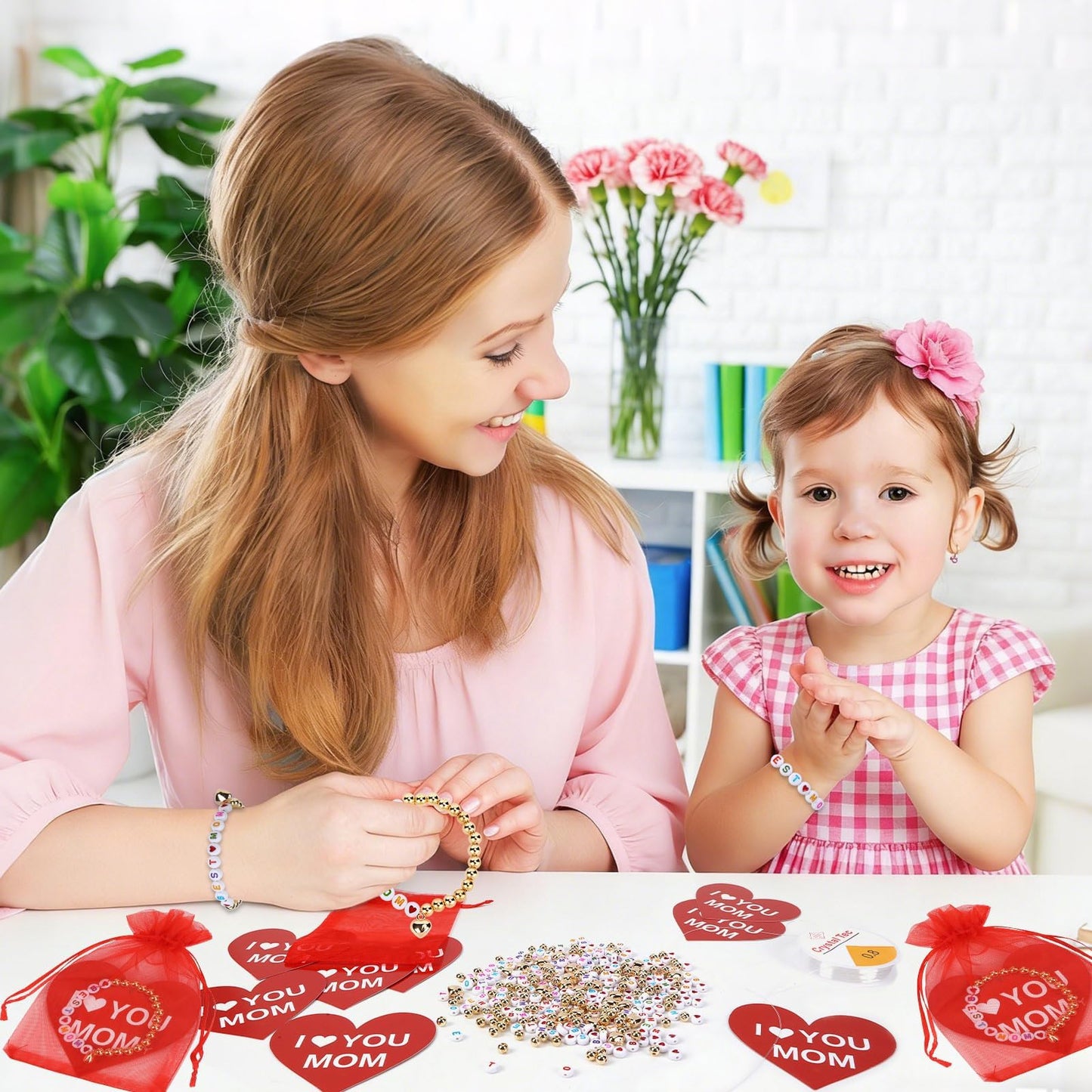 Augshy 24 Sets Mother's Day Bracelet Making Kit, Mom Bracelets DIY Craft Kit Letter Beads Heart Pendants Heart Gift Cards Organza Bags for Mothers Day Gifts Classroom Handcrafted Activity Party Favors