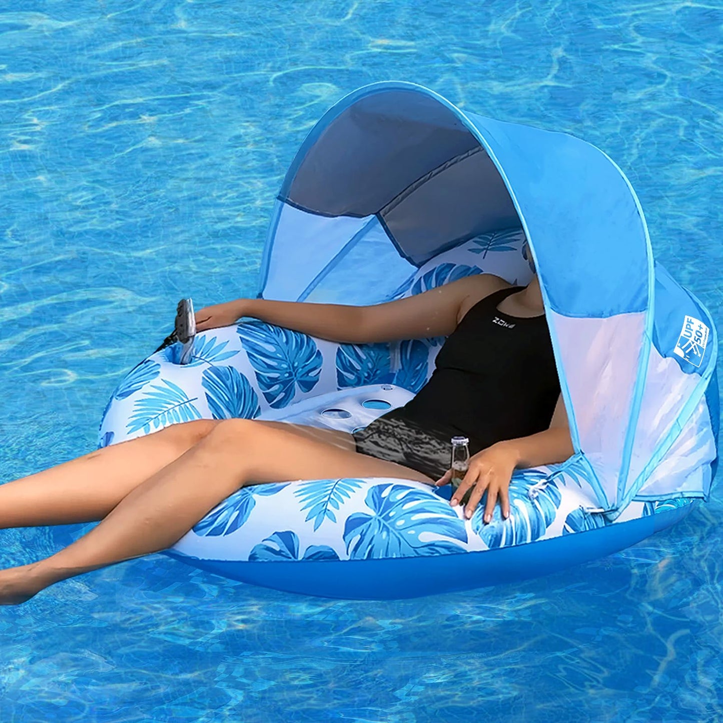 COOLCOOLDEE Pool Float with Canopy for Adults,Inflatable Lounge Chair with UPF 50+ Sun Protection,Backrest and Legrest,Blue