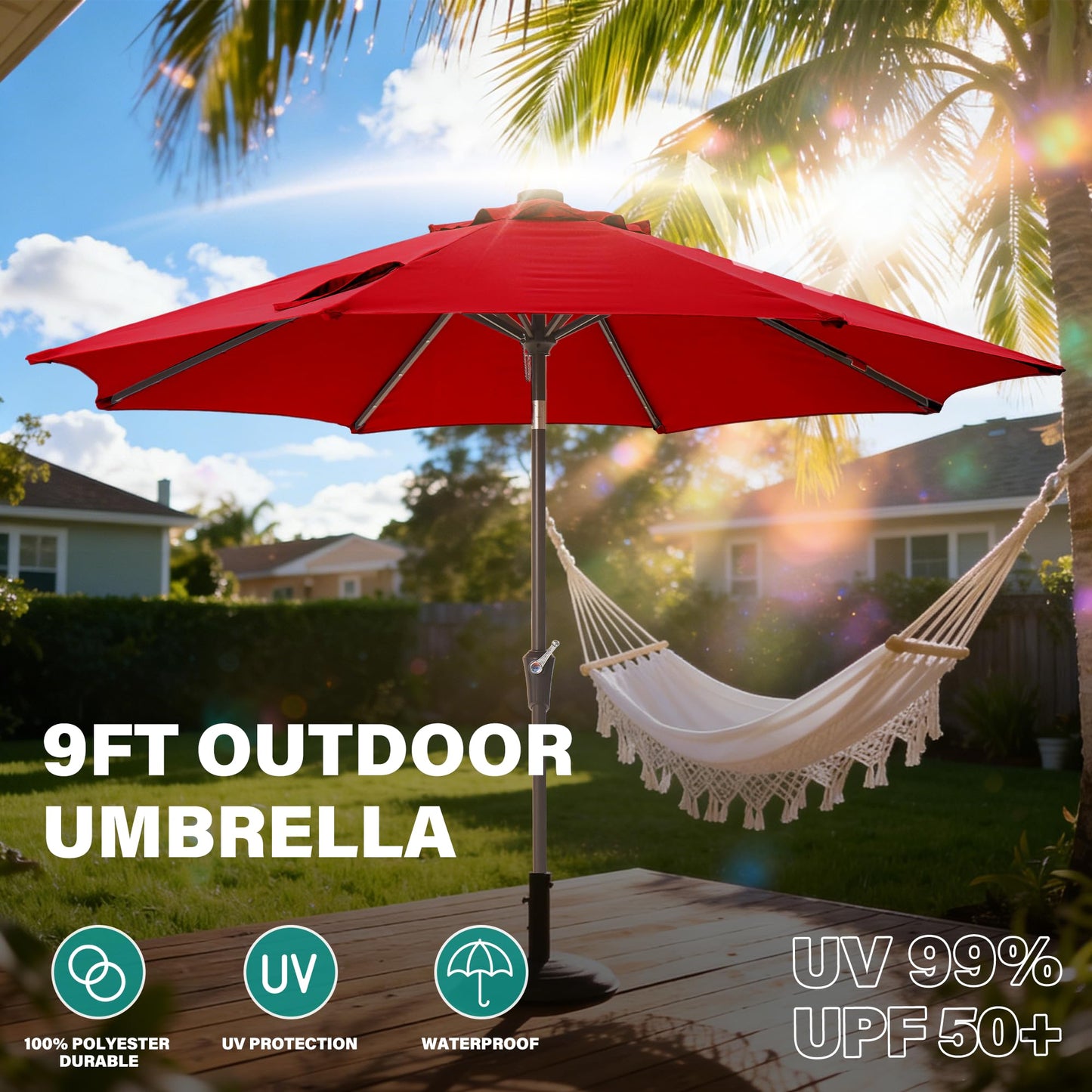 Tioline 9FT Solar-Powered LED Patio Umbrella with Tilt Crank,Outdoor Market Umbrella with 32 Lights,Sunshade for Deck, Garden and Pool,Red