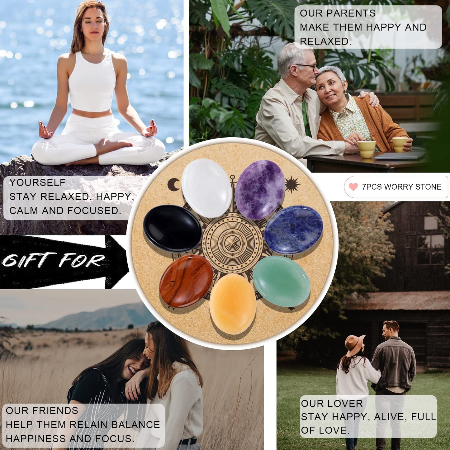 GolbalJew 7PCS Thumb Worry Stones for Anxiety Healing Crystals Sets, 7 Chakra Crystals and Healing Stones, Meditation Crystal Reiki Natural Relax Palm Stone for Anxiety Therapy Relief