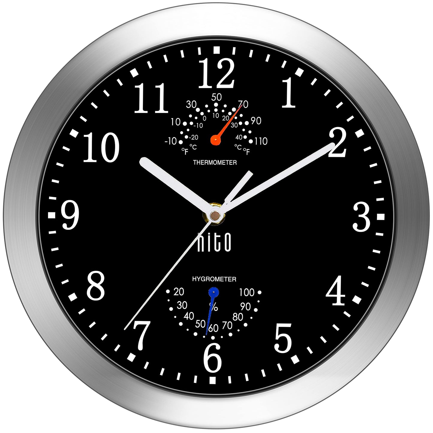 HITO 10 Inch Silent Wall Clock Battery Operated Non Ticking Glass Cover Silver Aluminum Frame, for Kitchen, Bedroom, Home Office, Living Room Decor (Black)