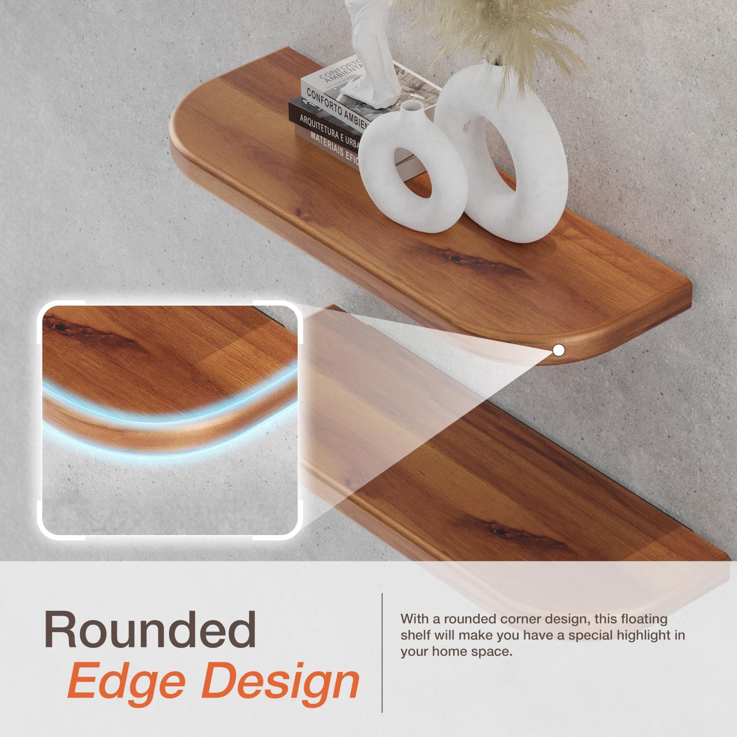 BATODA 17" Acacia Wood Floating Shelves Wall Mounted (Round Edge) – Rustic Farmhouse Wooden Wall Storage Shelf for Bedroom, Kitchen - Brackets and Shelving Hardware Included (Acacia Color)