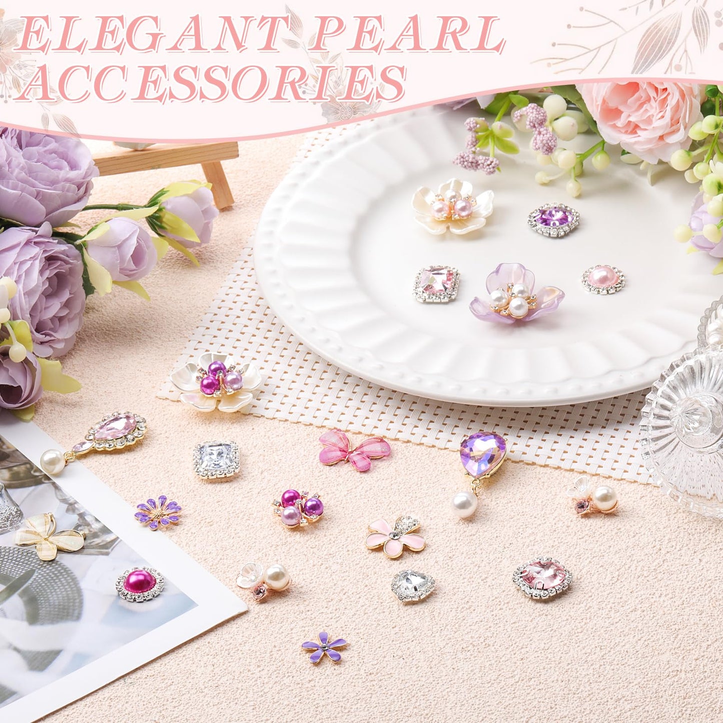 Giegxin 45 Pcs Rhinestone Embellishments Buttons for Craft Embellishments for Craft Faux Pearl Button Butterfly Flower Brooch for Wedding Decoration DIY Clothes Bag Shoe Supplies(Pink Purple Petals)